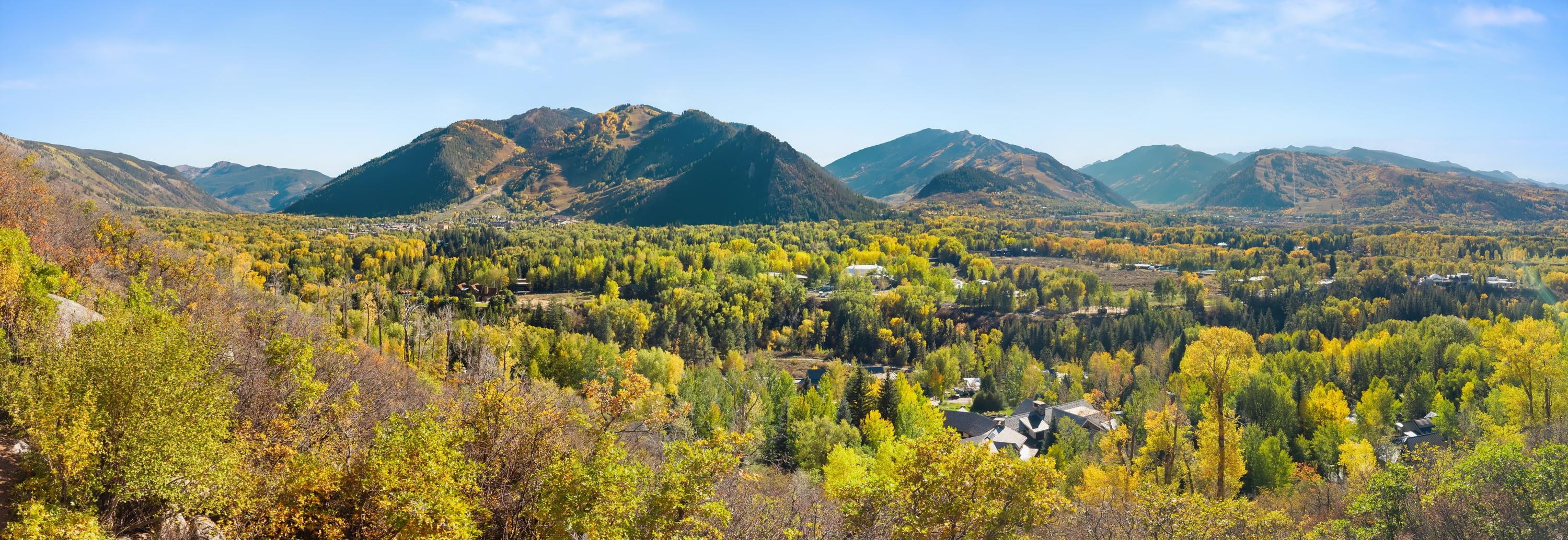 Panorama south from the compound across Aspen to all four ski mountains